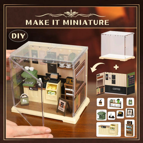 LED Coffee Shop Mini Model Kit for DIY Dollhouse Enthusiasts, cozy cafe scene with accessories on wooden desk