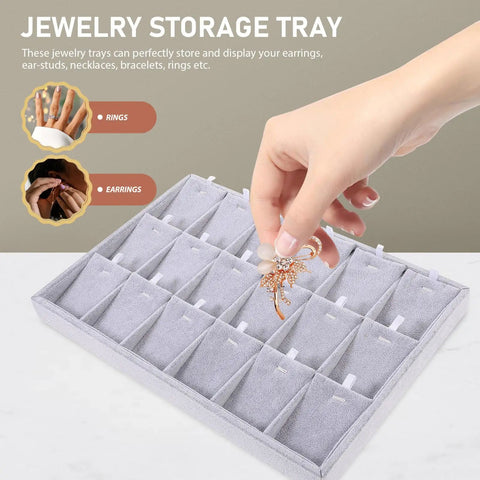 Large Grey Velvet Jewelry Tray With 18 Grid Dividers For Necklace And Watch Storage Soft Lined Organizer Dish displaying earrings and rings.