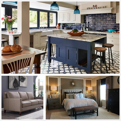 Modern kitchen with island, cozy living room with sofa, and elegant bedroom, showcasing diverse furniture styles and spaces.