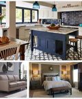 Modern kitchen with island, beige and blue cabinetry, plus living room and bedroom details showcasing stylish furniture.