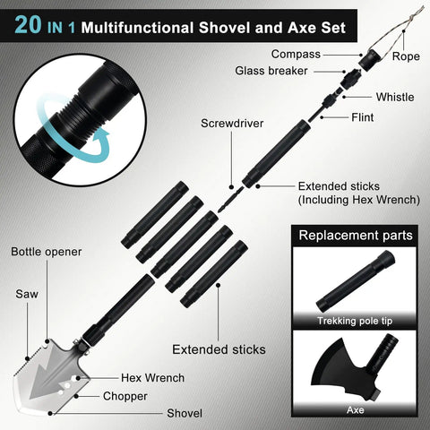 All In One 20 In 1 Multitool Survival Kit With Shovel Axe Hatchet And Trekking Pole shown disassembled with components labeled.