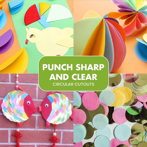 Craft projects using 1.5 Inch Circle Punch With Lever Handle For Clean Even Circles, featuring colorful paper fish and flowers.