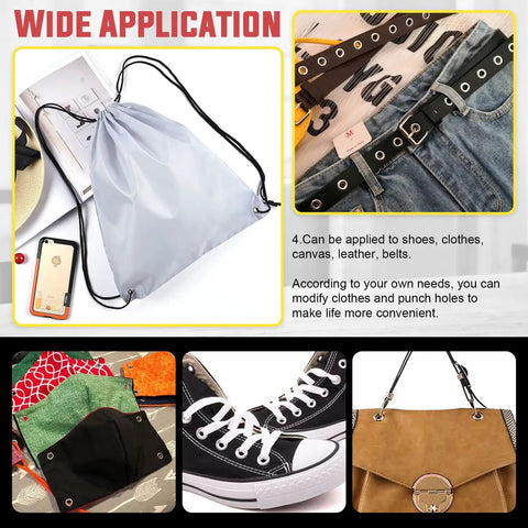40 Piece Grommet Eyelet Set With Washers for clothes, shoes, canvas, leather DIY projects, shown in various applications.