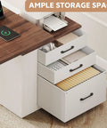 Farmhouse Electric Standing Desk 75.5 Inch With Drawers And Storage Adjustable Height Sit Stand Computer Office Desk White Walnut Color with open drawers.