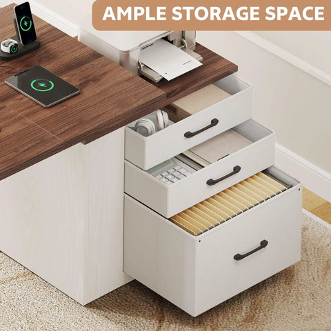 Farmhouse Electric Standing Desk 75.5 Inch With Drawers And Storage Adjustable Height Sit Stand Computer Office Desk White Walnut Color with open drawers.
