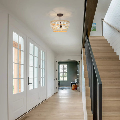 Wood Beaded Semi Flush Mount Ceiling Light 3 Light Farmhouse Boho Style Cozy Chandelier in hallway with white finish