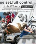 Beefy Nine Piece Torque Wrench Set With Quarter, Eighths, And Half Inch Drives for bike, car, truck maintenance shown in use.
