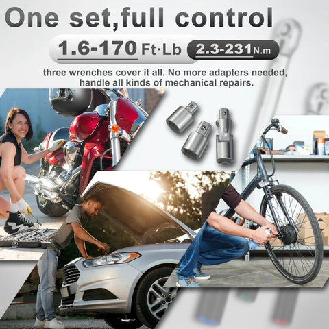 Beefy Nine Piece Torque Wrench Set With Quarter, Eighths, And Half Inch Drives for bike, car, truck maintenance shown in use.