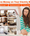 Collage of energy-saving tips for home with images of rooms and person, highlighting electricity usage with Upgraded Brighter LCD Display Night Vision Power Meter Plug For Real Time Power Usage Monitoring, Energy Consumption Monitor With Overload Protection And Seven Display Modes For Energy Saving, Voltage Amps And Watts Readout.
