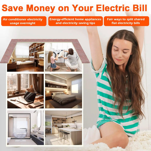 Collage with tips on saving money on electric bills and energy-efficient home appliances with a relaxed woman sitting.