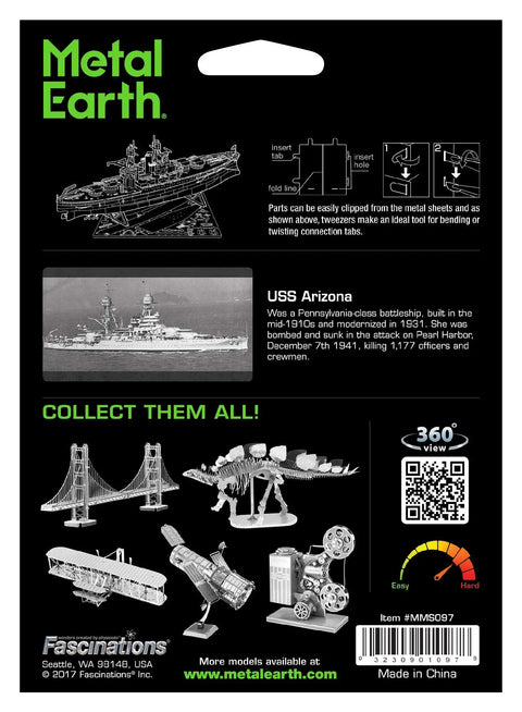 Back of US Navy USS Arizona 3D Metal Ship Model Kit Unassembled DIY Hobby Project box with illustrations and product details.