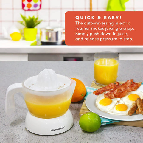 Elite Gourmet Compact Electric Citrus Juicer In White 30 Watt With 16 Oz Capacity for easy citrus juicing on kitchen countertop.
