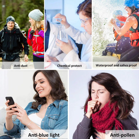 Collage of people using protective eyewear for anti-dust, chemical protection, waterproofing, anti-blue light, and anti-pollen purposes.
