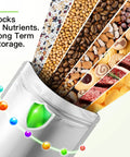 Complete 100 Pack Mylar Bags With 400cc Oxygen Absorbers For Long Term Food Storage showing food variety and nutrients lock