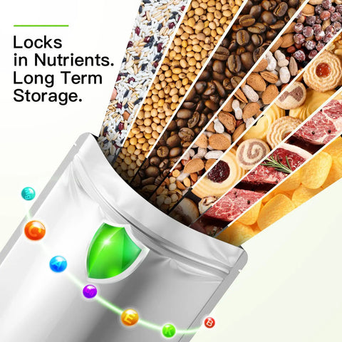 Complete 100 Pack Mylar Bags With 400cc Oxygen Absorbers For Long Term Food Storage showing food variety and nutrients lock