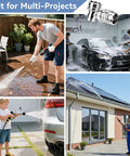 Collage showing 5 Pack Stainless Steel Garden Hose Quick Connect Fittings used for washing cars, cleaning patios, and roofs with sprayers.