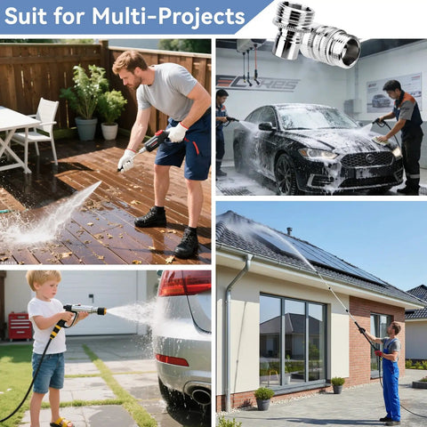 Collage showing 5 Pack Stainless Steel Garden Hose Quick Connect Fittings used for washing cars, cleaning patios, and roofs with sprayers.