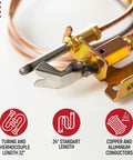Close-up of water heater pilot assembly, 24-inch thermocouple with copper tubing and brass fittings.