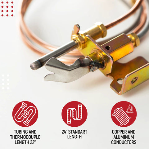 Close-up of water heater pilot assembly, 24-inch thermocouple with copper tubing and brass fittings.