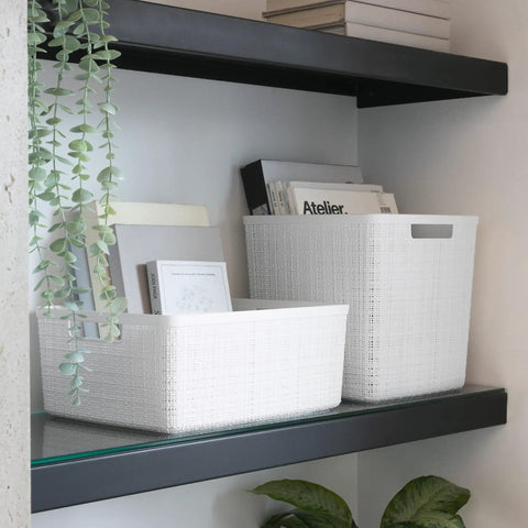 Set Of 4 Large Cube Storage Baskets With 17L Capacity, Jute Look Resin Bins on shelves, white, for home organization