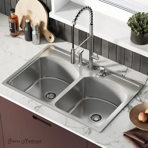 Open Concept Dual Basin Top Mount Kitchen Sink 33 x 22 Inches, 20-Gauge Stainless Steel, Rear Center Drain, 8 Inch Deep