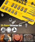 Close-up of 36 Piece Screw And Bolt Extractor Kit 3 In 1 Easy Out Set with various sockets and bits displayed in a yellow case.