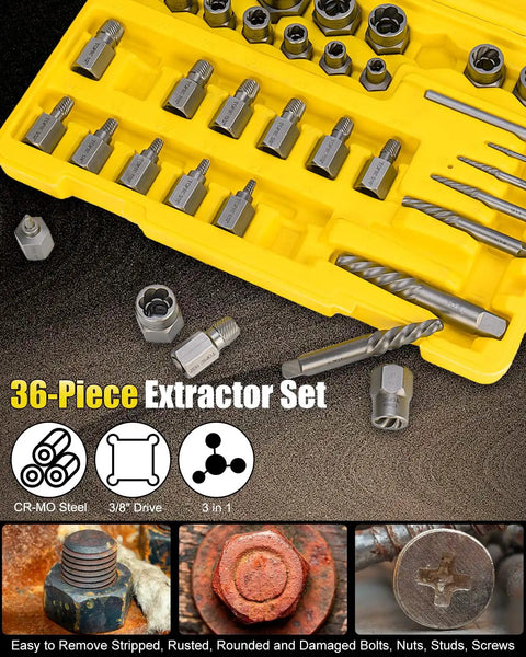 Close-up of 36 Piece Screw And Bolt Extractor Kit 3 In 1 Easy Out Set with various sockets and bits displayed in a yellow case.