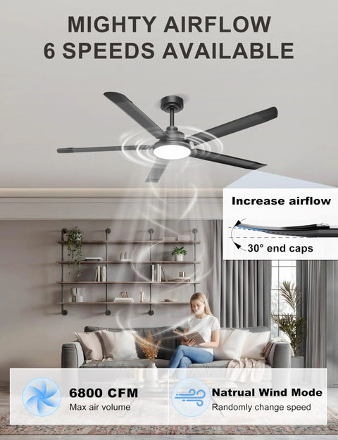Living room with 60 Inch Ceiling Fan With Lights 6800 CFM DC Motor Five Aluminum Blades Industrial Boss Look Black