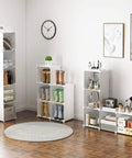 Room with five cube organizer narrow cabinet shelves with doors, 11.8 inch cubes, white plastic storage rack, tidy and stylish.