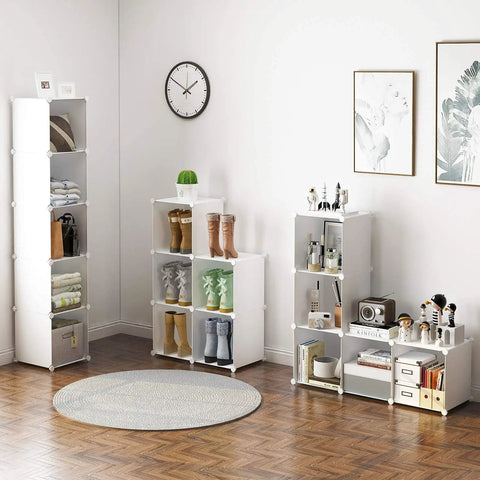 Room with five cube organizer narrow cabinet shelves with doors, 11.8 inch cubes, white plastic storage rack, tidy and stylish.