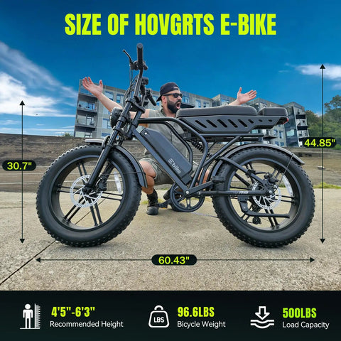 Powerful 1500W Fat Tire Electric Bike For Adults All Terrain 20 Inch with measurements and man showing bike size