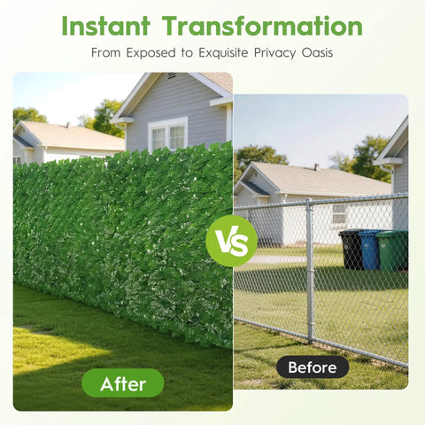 Comparison of Dope Artificial Ivy Privacy Fence Screen 40 Inch By 120 Inch and chain-link fence in a backyard setting