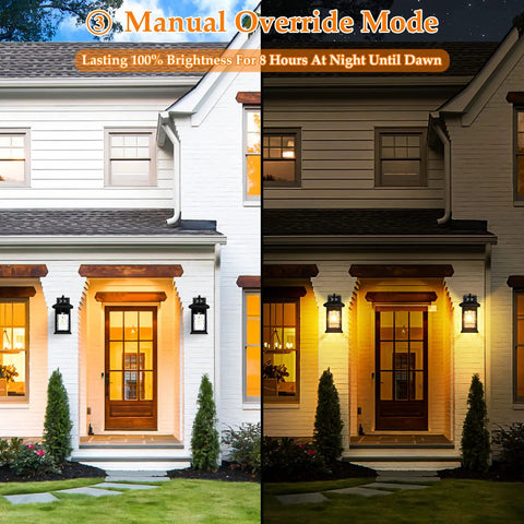 House entrance with Motion Sensor Outdoor Wall Lantern With Dusk To Dawn Sensor, black fixtures illuminating porch