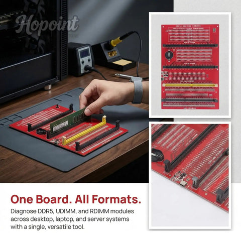No Sweat 4 In 1 Pro Ram Diagnostic Tester Card For DDR3 DDR4 DDR5 UDIMM RDIMM motherboard slot analyzer kit in use.