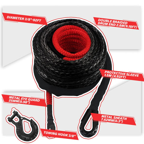 3/8 Inch Synthetic Winch Rope Kit 92 Foot With 27000 Lbs Strength Protective Sleeve Heavy Duty Hook And Safety Pull Strap For Off Road 4x4 Vehicles For All Off Road Adventures, coiled rope with hook