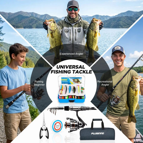 Collage of anglers using Telescopic Fishing Rod And Reel Combo With Tackle Box And Collapsible Rod And Lures Box in various settings.