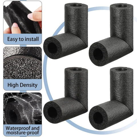 Four Piece One Half Inch Pipe Insulation Foam Tubing Elbows For Outdoor Water Lines Keeps Pipes From Freezing With Heat Preservation And Weatherproof Protection Durable Elbow Tubing, showing foam texture and installation benefits