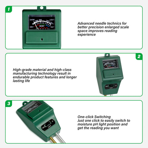 Close-up of All In One Plant Moisture Light And PH Meter For Gardening And Farming showing easy-to-read dial and text details.