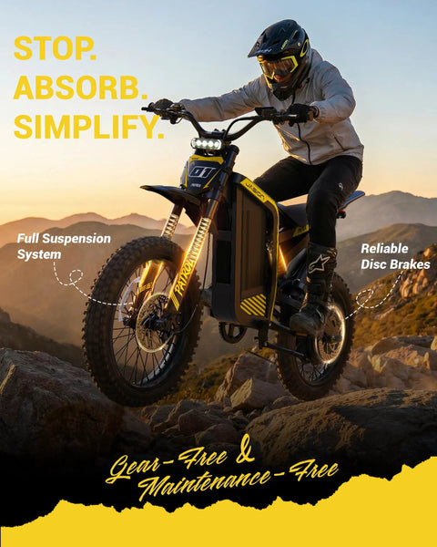 Rider on Patrol Electric Bike For Adults And Teens With 4000W Peak Motor And 40 MPH Top Speed, 52V 30Ah Battery on rocky terrain