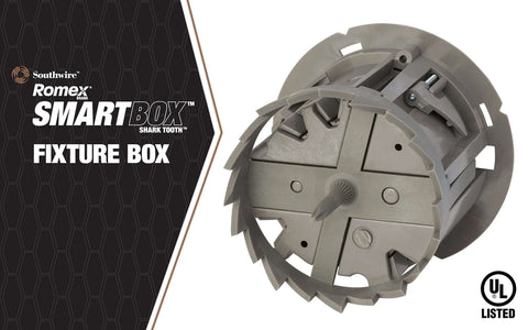 Southwire SmartBox Shark Tooth fixture box, gray plastic ceiling electrical box with hole saw (front view)