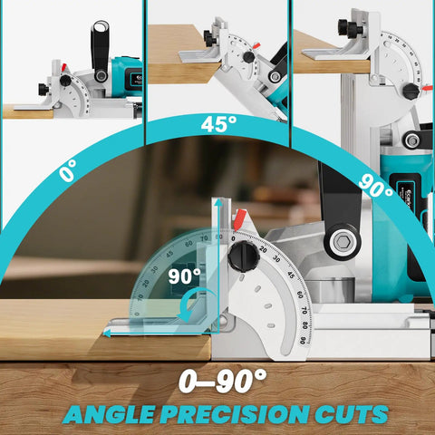 Cordless Biscuit Joiner Compatible With Makita 18V Batteries showing 0-90 degree angle settings for woodworking
