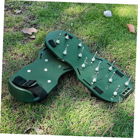Lawn Aerator Shoes with 1.77 Inch Metal Spikes on grass for soil aeration, featuring durable heavy duty design.