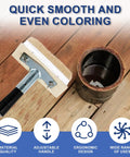Long Handle Deck Stain Brush With 67 Inch Stainless Steel Extension Pole for Smooth and Even Staining on Wood Decks, shown with paint can