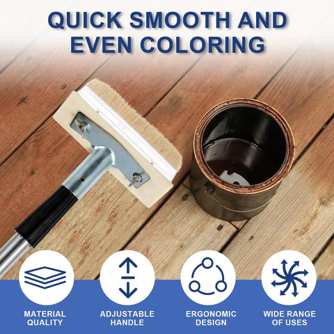 Long Handle Deck Stain Brush With 67 Inch Stainless Steel Extension Pole for Smooth and Even Staining on Wood Decks, shown with paint can