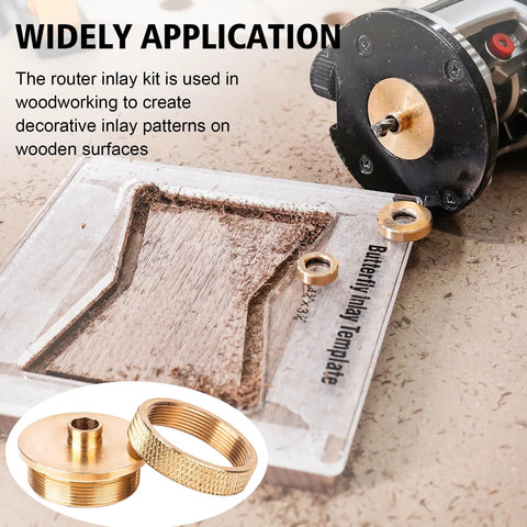 SpeTool router inlay kit with brass bushings (2) and butterfly inlay template for wood routing; Amazon brand.