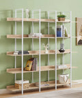 Five Tier Industrial Bookcase With White Metal Frame And Oak Shelves showcasing decor items and books