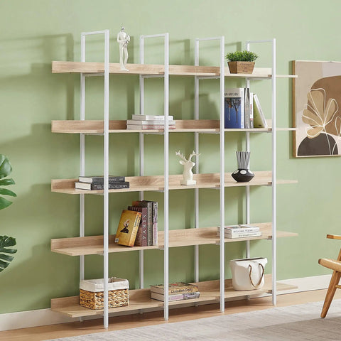 Five Tier Industrial Bookcase With White Metal Frame And Oak Shelves showcasing decor items and books
