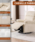360 Degree Rocking Recliner Chair With Footrest And Side Pocket, Comfy Velvet Beige Upholstered Single Sofa Armchair, chenille fabric details