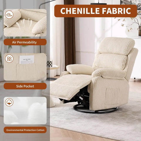 360 Degree Rocking Recliner Chair With Footrest And Side Pocket, Comfy Velvet Beige Upholstered Single Sofa Armchair, chenille fabric details