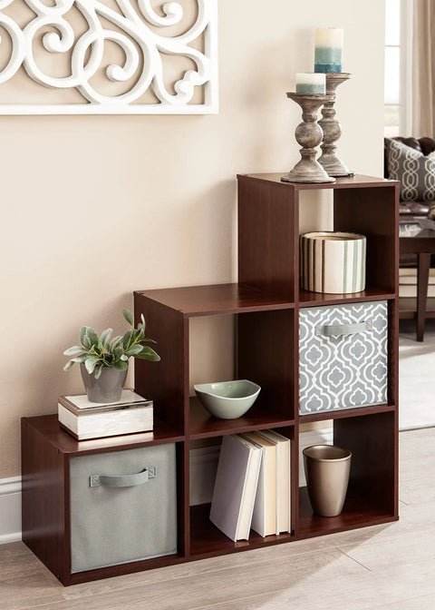 Three Tier Cube Storage Organizer Shelf With Step Design For Corner Units Dark Cherry Wood Finish Great For Books Clothes Decor Display